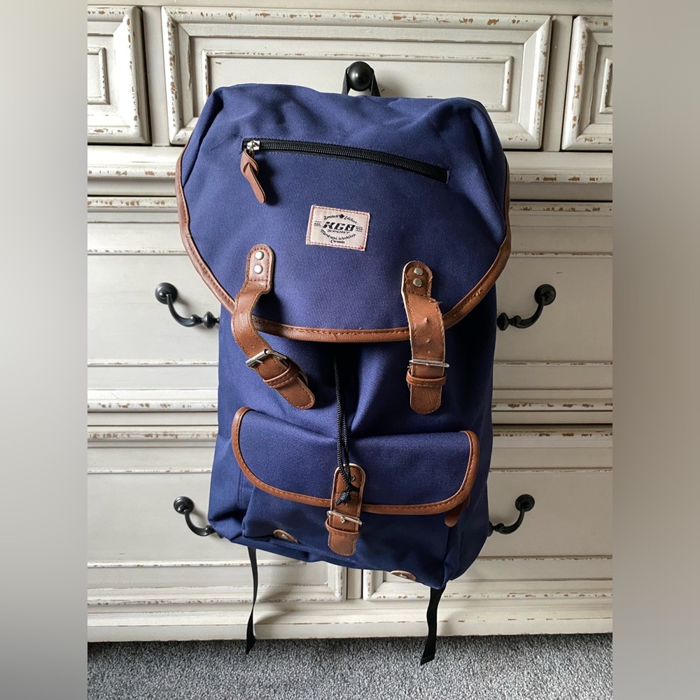 KGB Large Navy Blue and Brown Canvas Backpack Perfect for Travel Carry On